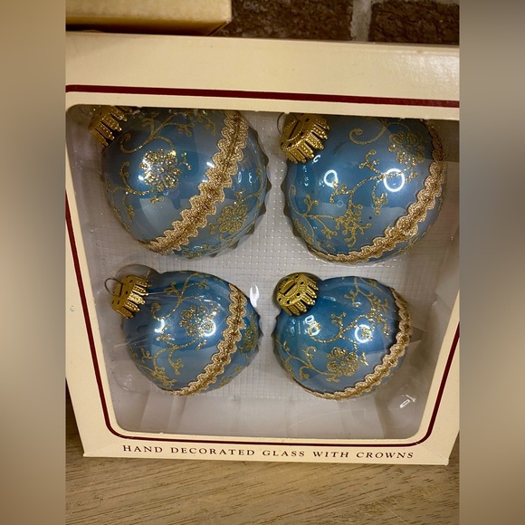 Christmas‎ by Krebs Christmas Ornaments Blue & Teal Glitter Flowers VTG - Picture 3 of 10